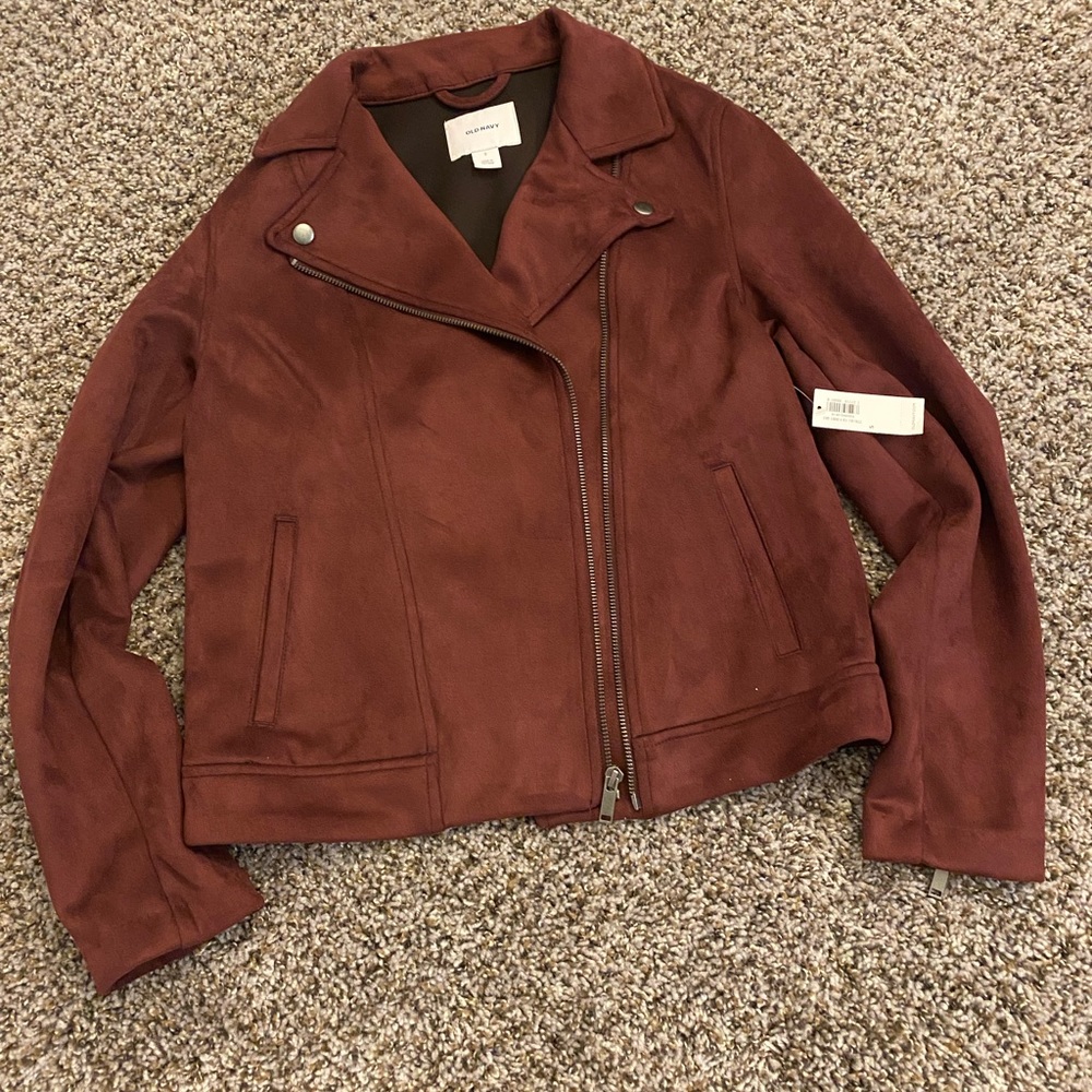 Old Navy Maroon Faux Suede Cropped Moto Jacket